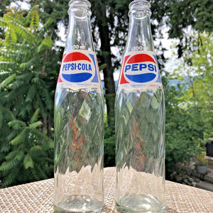 Vintage X2 Pepsi - Cola Glass Bottles 300ml Money Back Swirl Pattern No Caps CA